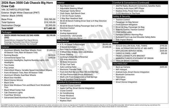 2026 RAM Ram 3500 Chassis Cab RAM 3500 BIG HORN CREW CAB CHASSIS 4X4 60 CA
