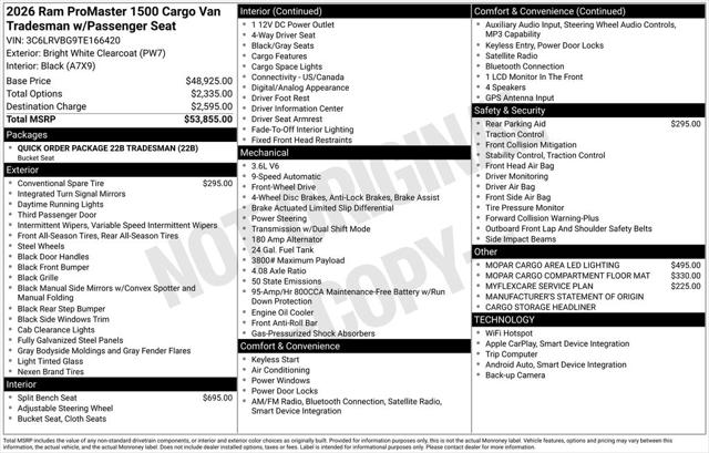 2026 RAM Ram ProMaster RAM PROMASTER 1500 TRADESMAN CARGO VAN HIGH ROOF 136 WB
