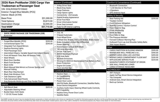 2026 RAM Ram ProMaster RAM PROMASTER 2500 TRADESMAN CARGO VAN HIGH ROOF 159 WB