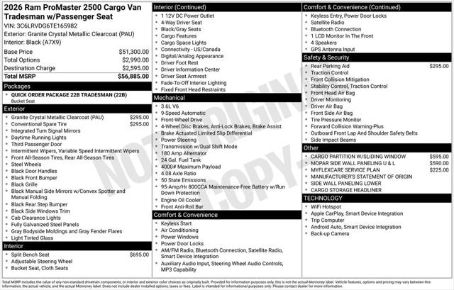 2026 RAM Ram ProMaster RAM PROMASTER 2500 TRADESMAN CARGO VAN HIGH ROOF 159 WB 2026 RAM Ram ProMaster RAM PROMASTER 2500 TRADESMAN CARGO VAN HIGH ROOF 159 WB