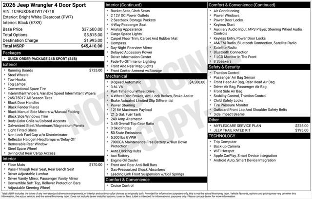 2026 Jeep Wrangler WRANGLER 4-DOOR SPORT 2026 Jeep Wrangler WRANGLER 4-DOOR SPORT