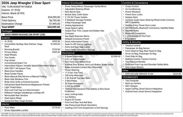 2026 Jeep Wrangler WRANGLER 2-DOOR SPORT 2026 Jeep Wrangler WRANGLER 2-DOOR SPORT