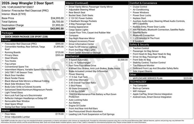 2026 Jeep Wrangler WRANGLER 2-DOOR SPORT 2026 Jeep Wrangler WRANGLER 2-DOOR SPORT