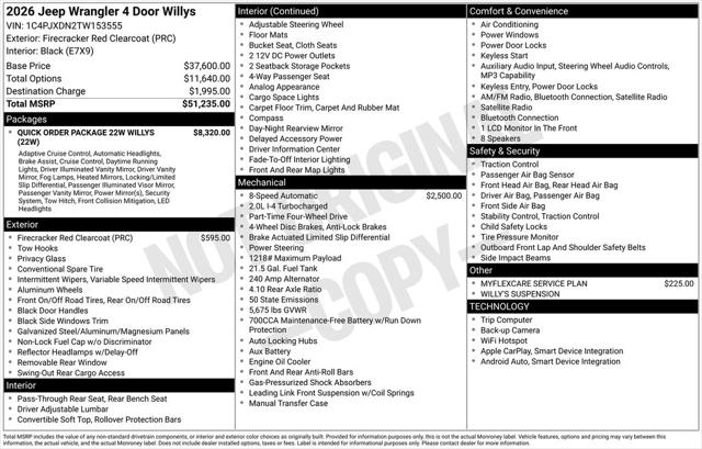 2026 Jeep Wrangler WRANGLER 4-DOOR WILLYS 2026 Jeep Wrangler WRANGLER 4-DOOR WILLYS