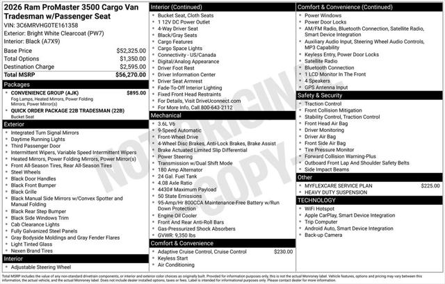 2026 RAM Ram ProMaster RAM PROMASTER 3500 TRADESMAN CARGO VAN HIGH ROOF 159 WB 2026 RAM Ram ProMaster RAM PROMASTER 3500 TRADESMAN CARGO VAN HIGH ROOF 159 WB
