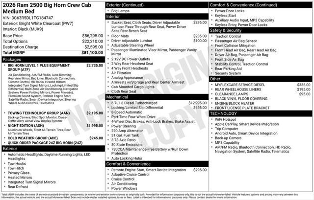 2026 RAM Ram 2500 RAM 2500 BIG HORN CREW CAB 4X4 64 BOX 2026 RAM Ram 2500 RAM 2500 BIG HORN CREW CAB 4X4 64 BOX