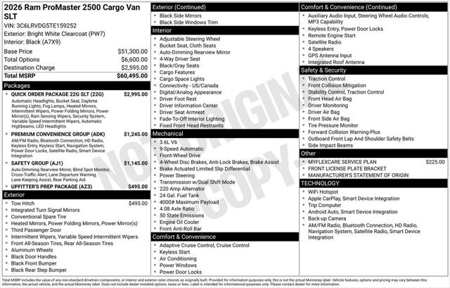 2026 RAM Ram ProMaster RAM PROMASTER 2500 SLT CARGO VAN HIGH ROOF 159 WB 2026 RAM Ram ProMaster RAM PROMASTER 2500 SLT CARGO VAN HIGH ROOF 159 WB