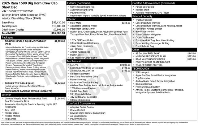 2026 RAM Ram 1500 RAM 1500 BIG HORN CREW CAB 4X4 57 BOX 2026 RAM Ram 1500 RAM 1500 BIG HORN CREW CAB 4X4 57 BOX