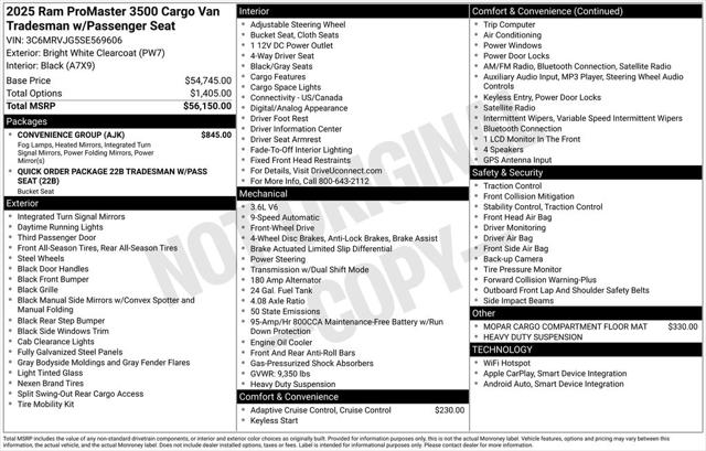 2025 RAM Ram ProMaster RAM PROMASTER 3500 TRADESMAN CARGO VAN HIGH ROOF 159 WB EXT