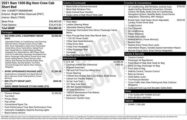2021 RAM 1500 Big Horn Crew Cab 4x4 57 Box