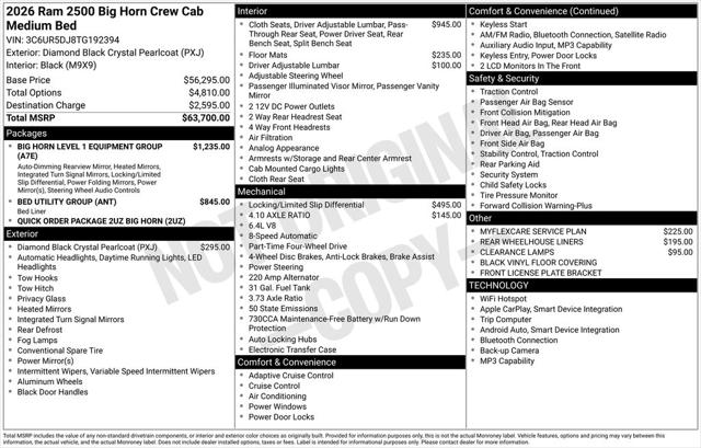 2026 RAM Ram 2500 RAM 2500 BIG HORN CREW CAB 4X4 64 BOX 2026 RAM Ram 2500 RAM 2500 BIG HORN CREW CAB 4X4 64 BOX