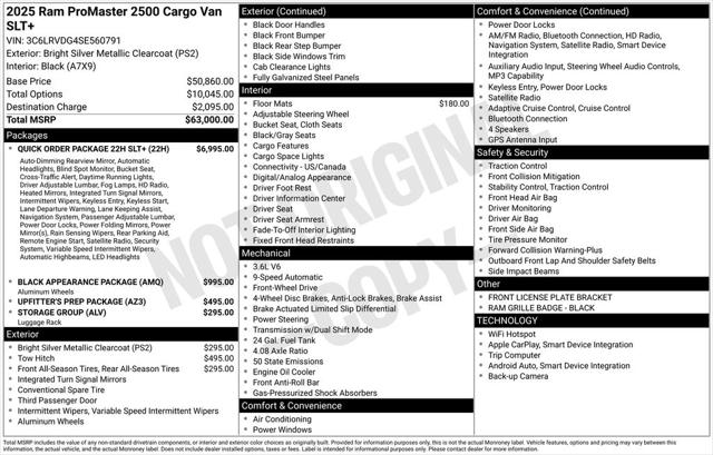 2025 RAM Ram ProMaster RAM PROMASTER 2500 SLT+ CARGO VAN HIGH ROOF 159 WB 2025 RAM Ram ProMaster RAM PROMASTER 2500 SLT+ CARGO VAN HIGH ROOF 159 WB