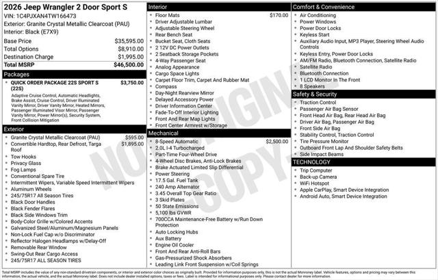 2026 Jeep Wrangler WRANGLER 2-DOOR SPORT S 2026 Jeep Wrangler WRANGLER 2-DOOR SPORT S