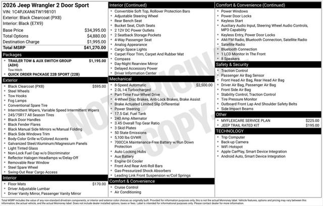 2026 Jeep Wrangler WRANGLER 2-DOOR SPORT 2026 Jeep Wrangler WRANGLER 2-DOOR SPORT