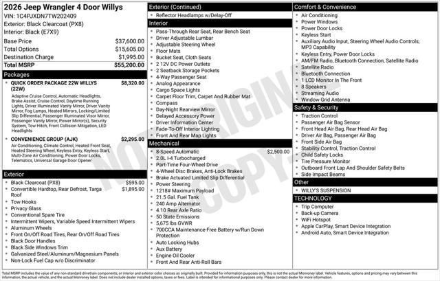 2026 Jeep Wrangler WRANGLER 4-DOOR WILLYS 2026 Jeep Wrangler WRANGLER 4-DOOR WILLYS