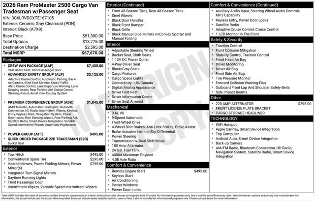 2026 RAM Ram ProMaster RAM PROMASTER 2500 TRADESMAN CARGO VAN HIGH ROOF 159 WB 2026 RAM Ram ProMaster RAM PROMASTER 2500 TRADESMAN CARGO VAN HIGH ROOF 159 WB