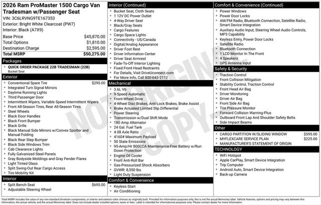 2026 RAM Ram ProMaster RAM PROMASTER 1500 TRADESMAN CARGO VAN LOW ROOF 118 WB
