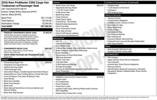 2026 RAM Ram ProMaster RAM PROMASTER 2500 TRADESMAN CARGO VAN HIGH ROOF 136 WB