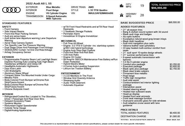 2022 Audi A8 L 55 TFSI quattro Tiptronic