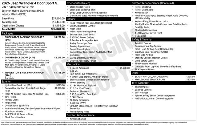 2026 Jeep Wrangler WRANGLER 4-DOOR SPORT S 2026 Jeep Wrangler WRANGLER 4-DOOR SPORT S