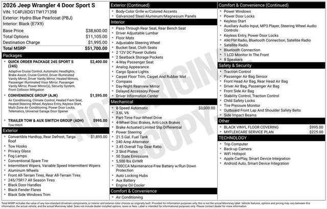 2026 Jeep Wrangler WRANGLER 4-DOOR SPORT S 2026 Jeep Wrangler WRANGLER 4-DOOR SPORT S