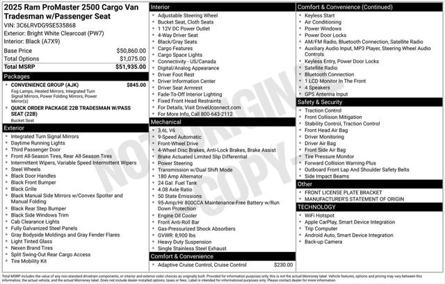 2025 RAM ProMaster 2500 Cargo Van Tradesman High Roof 159 WB w/Pass Seat 2025 RAM ProMaster 2500 Cargo Van Tradesman High Roof 159 WB w/Pass Seat