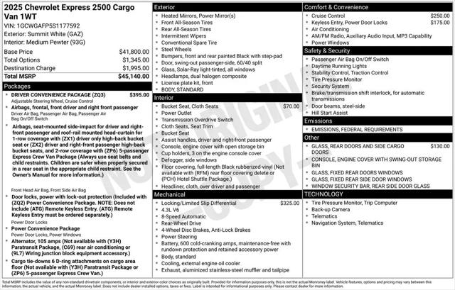 2025 Chevrolet Express Cargo Van RWD 2500 Regular Wheelbase WT