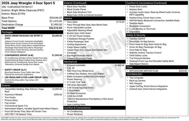 2026 Jeep Wrangler WRANGLER 4-DOOR SPORT S 2026 Jeep Wrangler WRANGLER 4-DOOR SPORT S