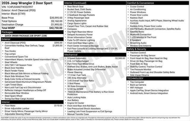 2026 Jeep Wrangler WRANGLER 2-DOOR SPORT 2026 Jeep Wrangler WRANGLER 2-DOOR SPORT