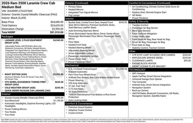 2026 RAM Ram 2500 RAM 2500 LARAMIE CREW CAB 4X4 64 BOX 2026 RAM Ram 2500 RAM 2500 LARAMIE CREW CAB 4X4 64 BOX
