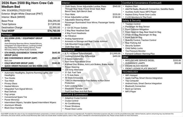 2026 RAM Ram 2500 RAM 2500 BIG HORN CREW CAB 4X4 64 BOX 2026 RAM Ram 2500 RAM 2500 BIG HORN CREW CAB 4X4 64 BOX