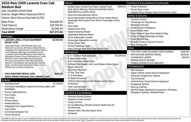 2026 RAM Ram 2500 RAM 2500 LARAMIE CREW CAB 4X4 64 BOX 2026 RAM Ram 2500 RAM 2500 LARAMIE CREW CAB 4X4 64 BOX