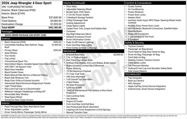 2026 Jeep Wrangler WRANGLER 4-DOOR SPORT 2026 Jeep Wrangler WRANGLER 4-DOOR SPORT