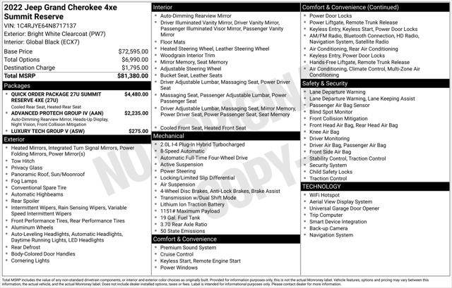 2022 Jeep Grand Cherokee 4xe Summit Reserve 4x4 2022 Jeep Grand Cherokee 4xe Summit Reserve 4x4