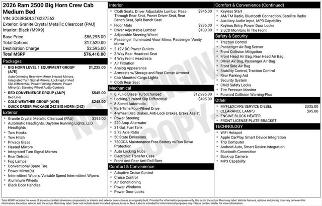 2026 RAM Ram 2500 RAM 2500 BIG HORN CREW CAB 4X4 64 BOX 2026 RAM Ram 2500 RAM 2500 BIG HORN CREW CAB 4X4 64 BOX