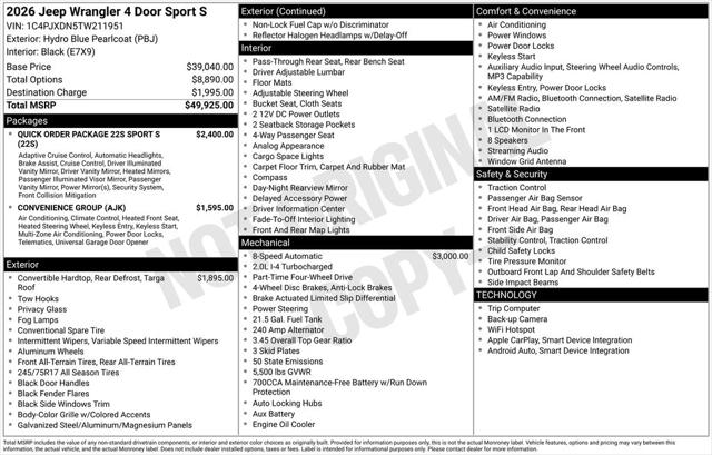 2026 Jeep Wrangler WRANGLER 4-DOOR SPORT S 2026 Jeep Wrangler WRANGLER 4-DOOR SPORT S