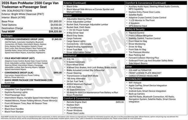 2026 RAM Ram ProMaster RAM PROMASTER 2500 TRADESMAN CARGO VAN HIGH ROOF 159 WB 2026 RAM Ram ProMaster RAM PROMASTER 2500 TRADESMAN CARGO VAN HIGH ROOF 159 WB