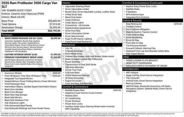 2026 RAM Ram ProMaster RAM PROMASTER 3500 SLT CARGO VAN HIGH ROOF 159 WB EXT