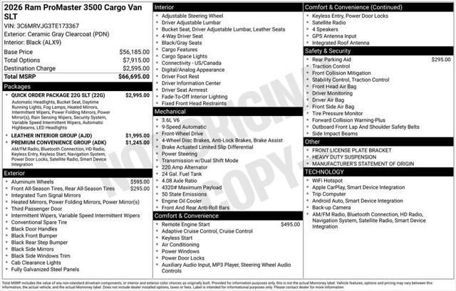2026 RAM Ram ProMaster RAM PROMASTER 3500 SLT CARGO VAN HIGH ROOF 159 WB EXT