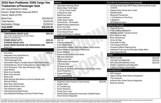 2026 RAM Ram ProMaster RAM PROMASTER 2500 TRADESMAN CARGO VAN HIGH ROOF 159 WB 2026 RAM Ram ProMaster RAM PROMASTER 2500 TRADESMAN CARGO VAN HIGH ROOF 159 WB