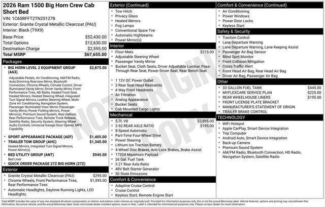 2026 RAM Ram 1500 RAM 1500 BIG HORN CREW CAB 4X4 57 BOX 2026 RAM Ram 1500 RAM 1500 BIG HORN CREW CAB 4X4 57 BOX