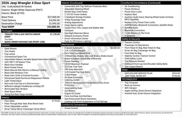 2026 Jeep Wrangler WRANGLER 4-DOOR SPORT 2026 Jeep Wrangler WRANGLER 4-DOOR SPORT