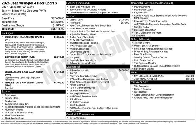 2026 Jeep Wrangler WRANGLER 4-DOOR SPORT S 2026 Jeep Wrangler WRANGLER 4-DOOR SPORT S