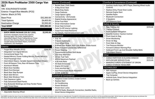 2026 Ram ProMaster 2500 Cargo Van SLT High Roof 159 WB