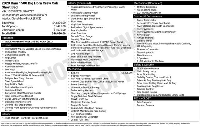 2020 RAM 1500 Big Horn Crew Cab 4x4 57 Box 2020 RAM 1500 Big Horn Crew Cab 4x4 57 Box