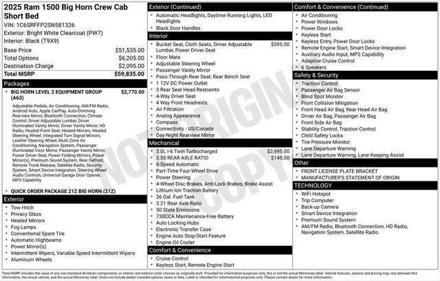 2025 RAM 1500 Big Horn Crew Cab 4x4 57 Box 2025 RAM 1500 Big Horn Crew Cab 4x4 57 Box