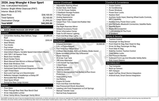 2026 Jeep Wrangler WRANGLER 4-DOOR SPORT 2026 Jeep Wrangler WRANGLER 4-DOOR SPORT