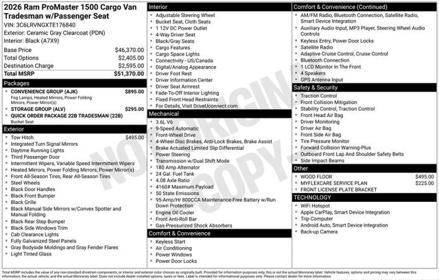 2026 RAM Ram ProMaster RAM PROMASTER 1500 TRADESMAN CARGO VAN LOW ROOF 118 WB