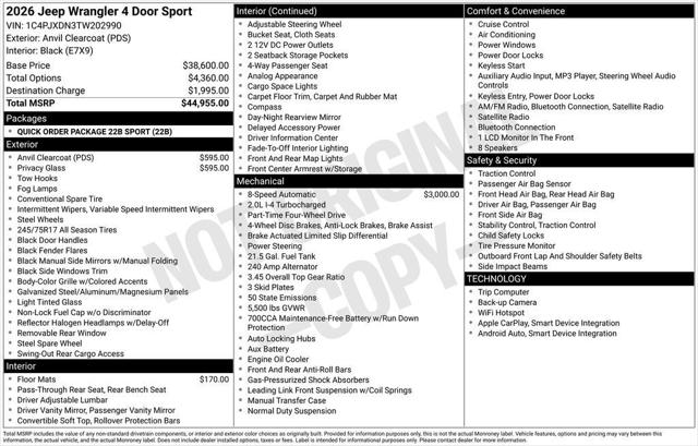 2026 Jeep Wrangler WRANGLER 4-DOOR SPORT 2026 Jeep Wrangler WRANGLER 4-DOOR SPORT