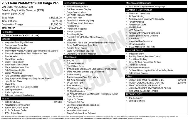2021 Ram ProMaster 2500 Cargo Van High Roof 159 WB